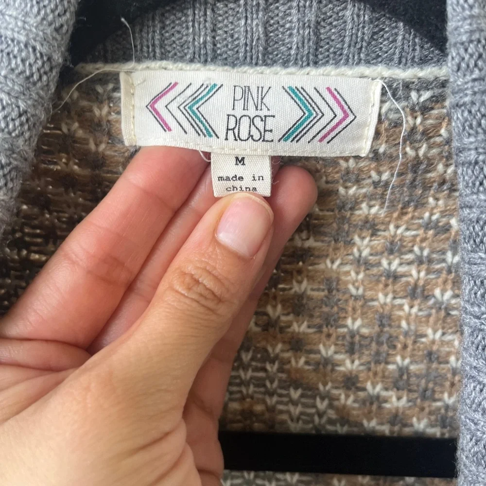 Pink Rose Open-Front Southwestern Cardigan in Gray, Cream & Brown- Size Medium